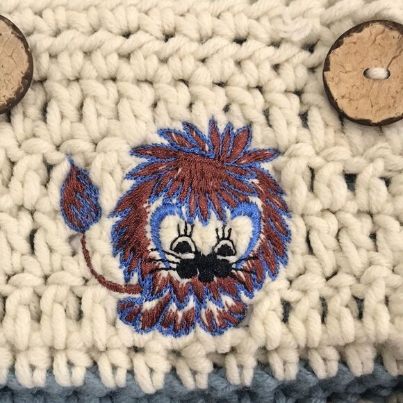 Handmade! Toddler Winter Hat, Lion, Blue, Ivory, and Burgandy - Picture 3 of 4